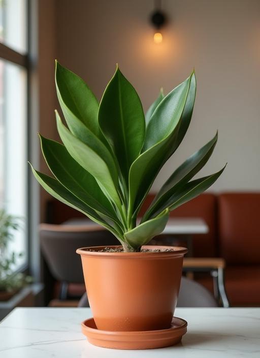 En elegant grønn plante i en terrakottapotte som dekorerer et hjørne av kafeen, bidrar til den beroligende atmosfæren.